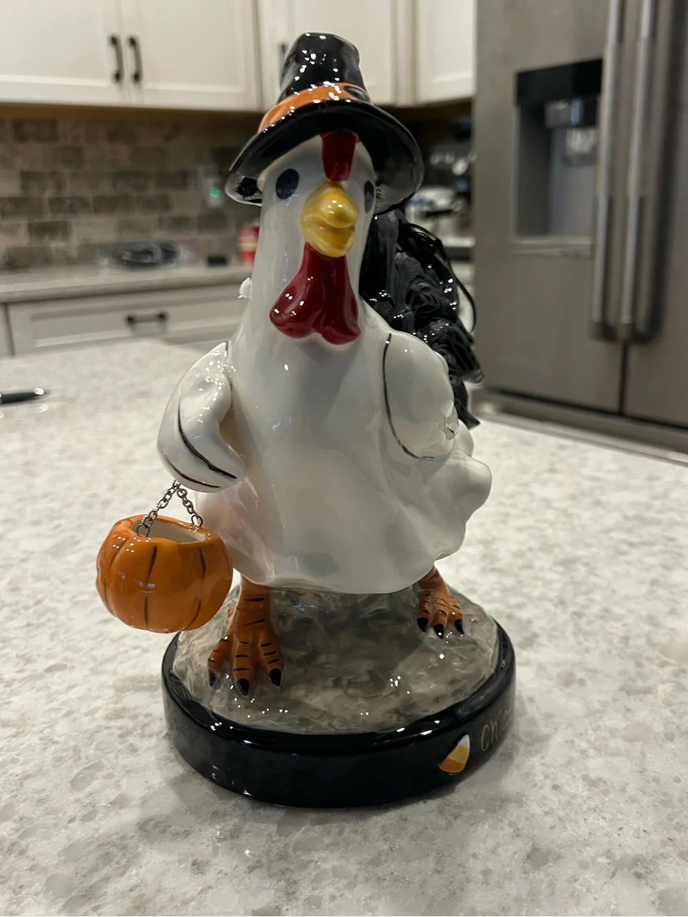 “New” Blue Sky Clayworks Chick or Treat Rooster Figurine with Pumpkin Bucket